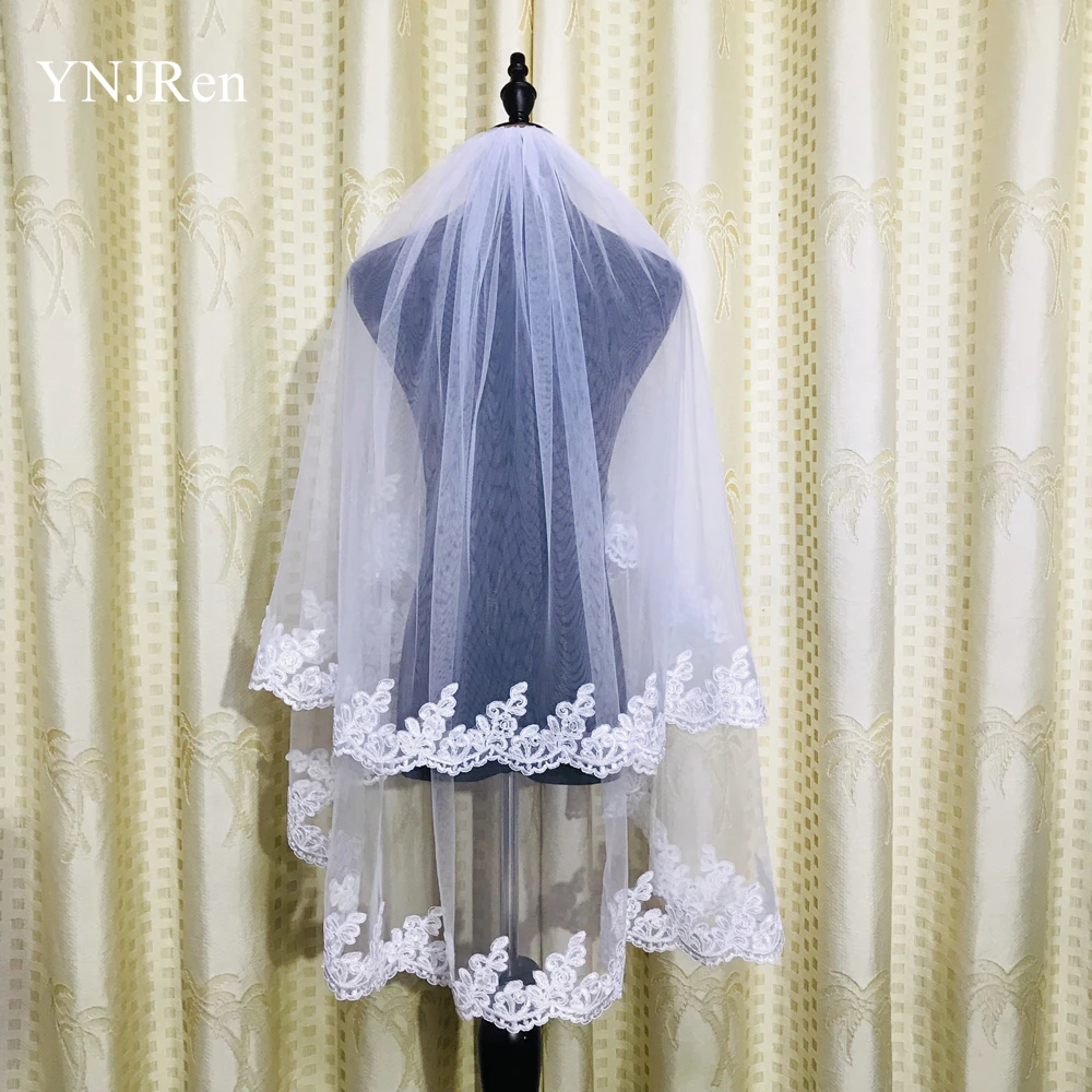 Real photos Two layer White Ivory Wedding Veil Lace Fingertip Long wedding accessories Cheap Voile Bridal Veils With Comb