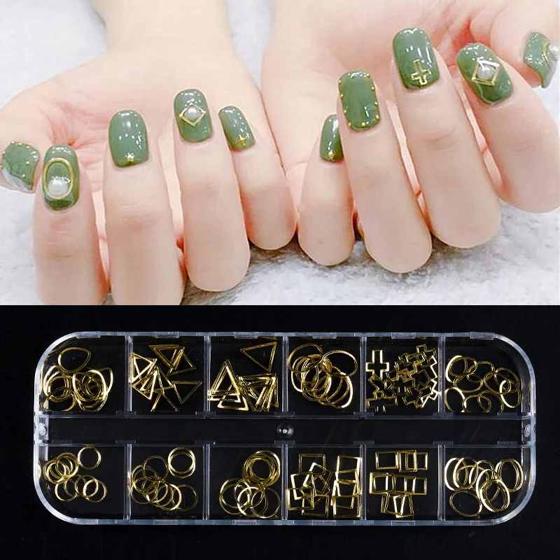 

HNUIX 120Pieces 3D Nail Sticker Hollow Rivet Art Decoration DIY Geometric Metal Border Gold Round Square Design Accessories