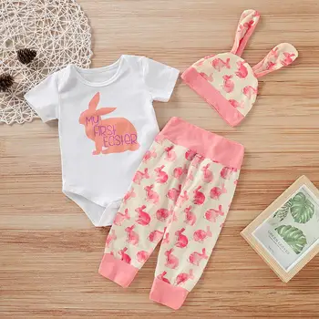 

Baby Girl 0-24M My First Easter Clothes set Cotton Rabbit printed Romper + Pant + Hat 3PC Outfits