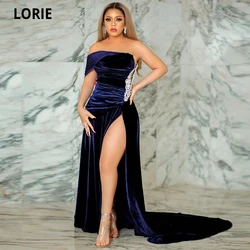 LORIE Navy Blue Mermaid Evening Dresses Velvet Beading 2020 High Split Prom Dresses Pearls Formal Party Second Reception Gowns