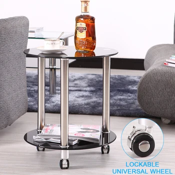 

Glass round small coffee table living room stainless steel leg sofa side lockable universal wheel balcony bedside furniture