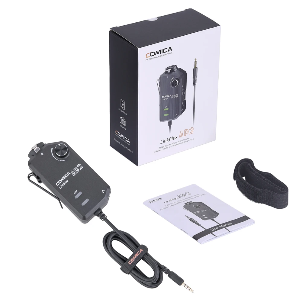 COMICA LinkFlex AD2 XLR/6,35 мм до 3,5 мм аудио предусилитель адаптер с фантомным питанием для iPhone/Android/Nikon/Canon камеры и гитары - Цвет: Черный