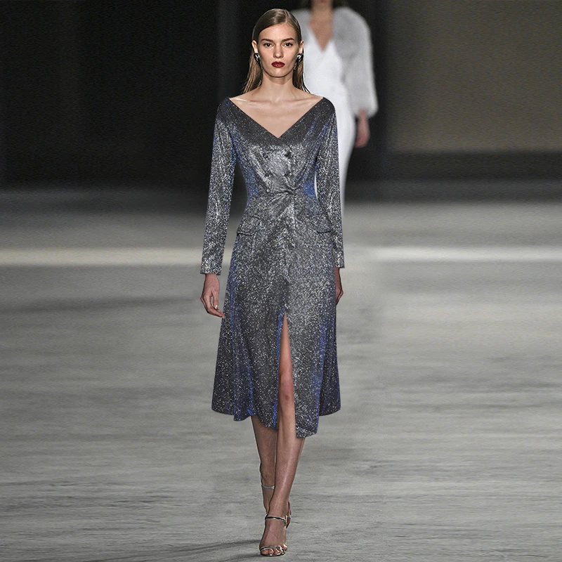 

Sparkling Dresses Women High Quality Runway Designer Elegant Sexy V Neck Glitter Sequin Dress Evening Night Club Party Vestidos