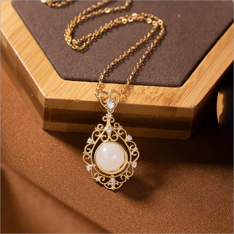 Uglyless Luxury Palace Women Party Statement Real 925 Silver Gold Jewelry Sets Jade Hollow Garlend Earrings+ Necklaces E1792 - Цвет камня: Necklaces 45CM Chain