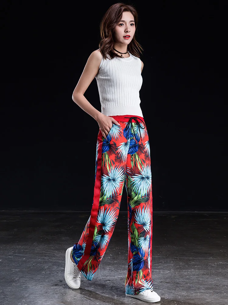 

Shangege high-waist chiffon wide-leg pants women's summer thin section drape loose tight waist large size side stripe printed ca
