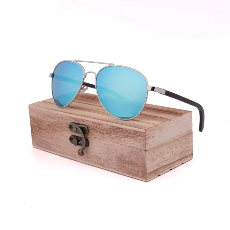 Модные ретро очки для вождения, авиационные, деревянные, металлические, для женщин, мужчин, поляризационные, брендовые, дизайнерские, зеркальные, оригинальные солнцезащитные очки для мужчин, uv400 - Цвет линз: Ice Blue  box B