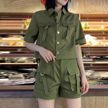 

HIGH STREET Newest 2020 Stylish Runway Suit Set Women's Turn-down Collar short Sleeve Pockets shirt Top shorts Set