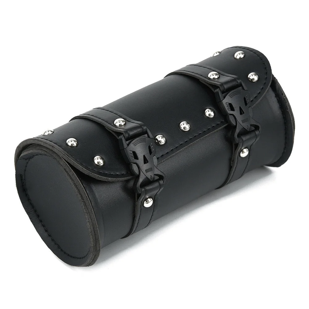 2021 New Motorcycle Fork Bag Leather Cruiser Tool Roll Barrel Bag Fork Barrel Shape Handlebar Black Saddlebags Storage
