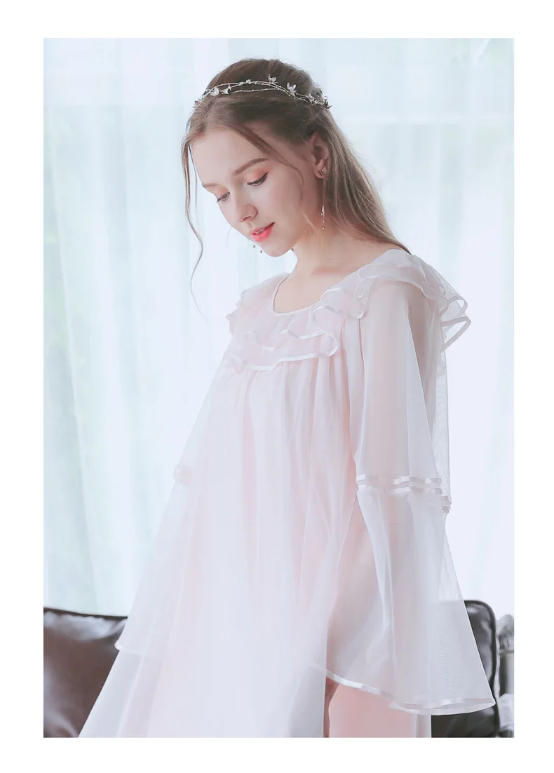 Дворцовая принцесса винтажная ночная рубашка для женщин с длинным рукавом, Сетчатое Ночное платье, хлопковое платье для сна, длинное осенне-зимнее свободное домашнее платье
