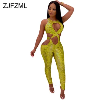 

Serpentine Hollow Sexy Bodycon Jumpsuit Women Sleeveless Waist Band Cut Out Bandage Rompers Summer Neon Green Skinny Bodysuit