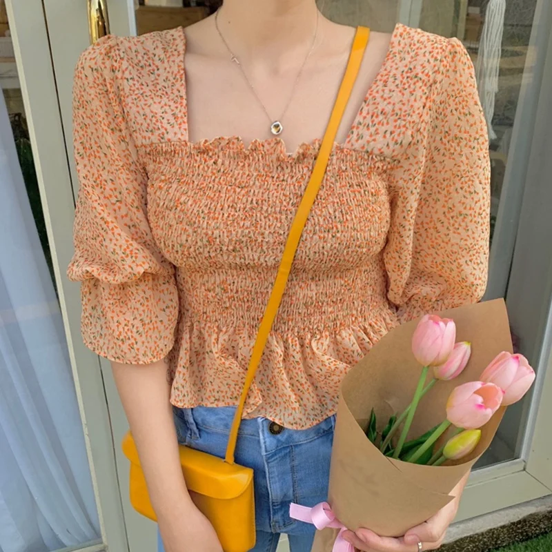 

Summer Fashion Floral Blouse Women Square Collar Blouses Vintage Lantern Sleeve Sweet Chiffon Shirts
