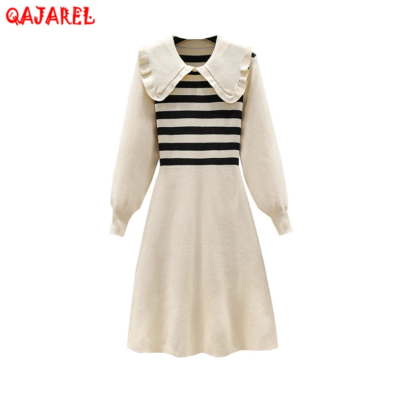 

White Fashion Knitted Cotton Patchwork Striped Midi Dress Autumn Winter Korean Vintage Dress 2023 Elegant Bodycon Casual Dresses