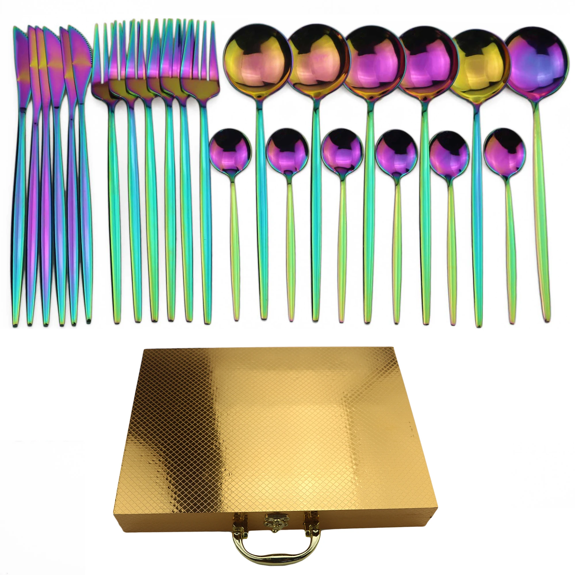 24Pcs Raibow 16 шт./24 шт. набор посуды из нержавеющей стали 18/10, столовый нож из нержавеющей стали, вилка, ложка, набор столовых приборов золотого цвета, радужная посуда из серебра с подарочной коробкой - Цвет: 24Pcs Raibow