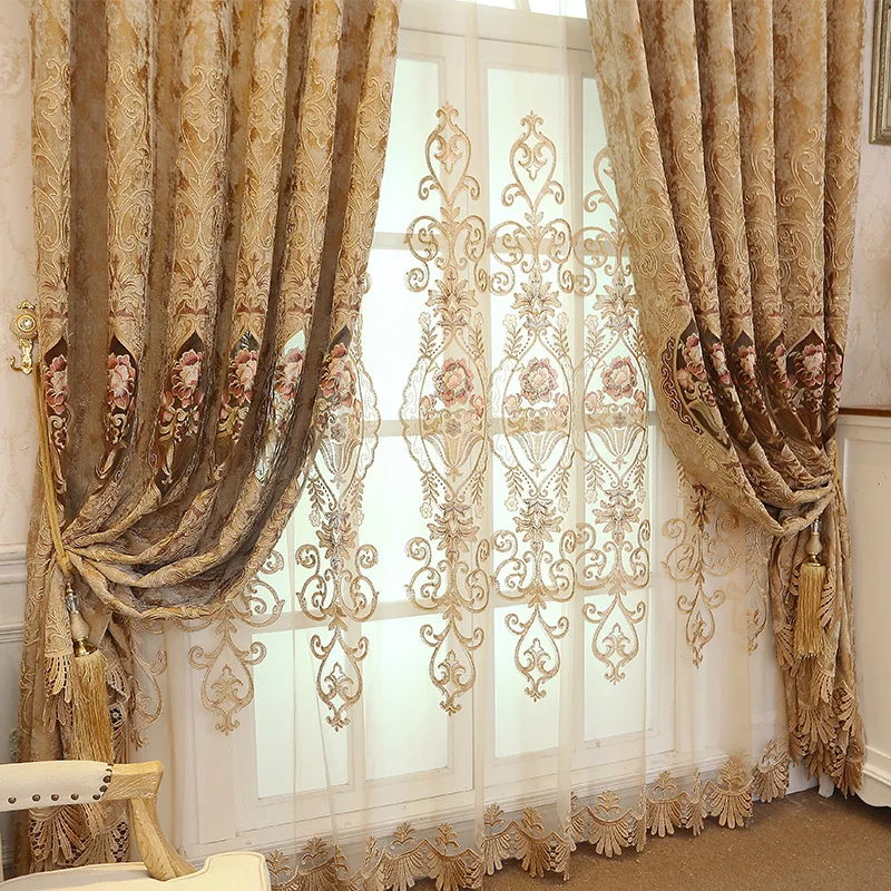 

European Embroidered Curtain for Living Room Chenille Hollow Embroidered Curtain Luxury Curtains for Bedroom