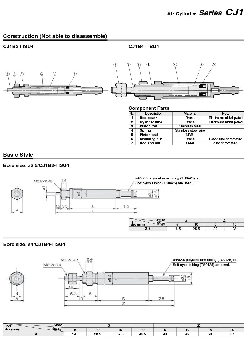 Одностороннего действия с пружинным возвратом мини цилиндр CJ1B 4-5/10/15/20-SU4 прямая 4 мм Воздушный Пневматический