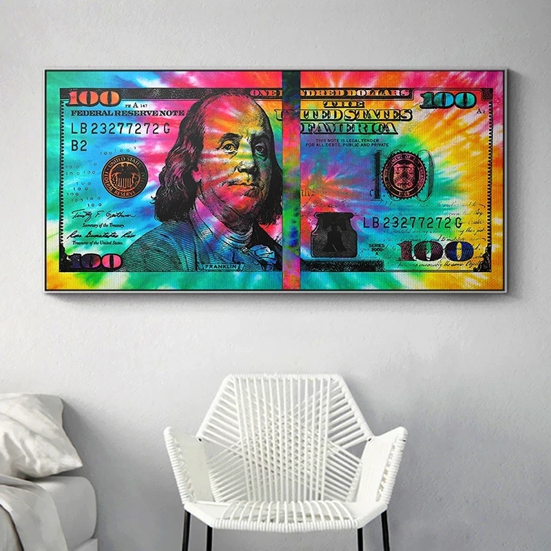Inspirational Colourful 100 Dollar Bill Canvas Painting Posters and Prints Cuadros Wall Art Pictures for Living Room Home Decor