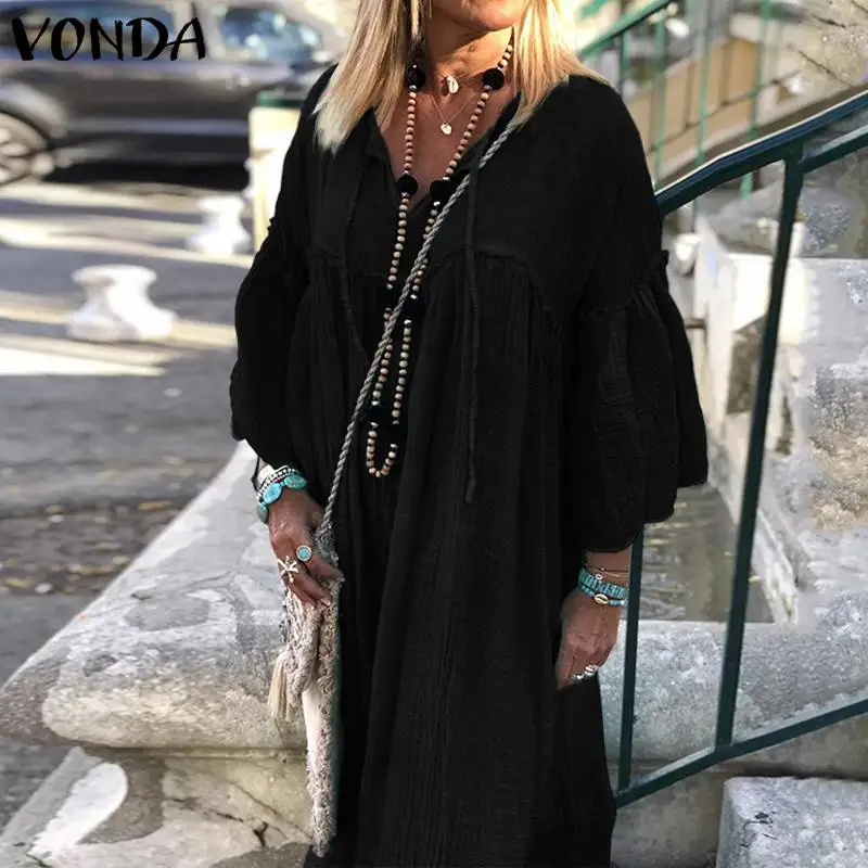 VONDA/женское платье в винтажном стиле, 3/4, платье до середины икры с рукавом-бабочкой и рюшами, летние праздничные женские повседневные свободные вечерние платья, Vestido S-5XL
