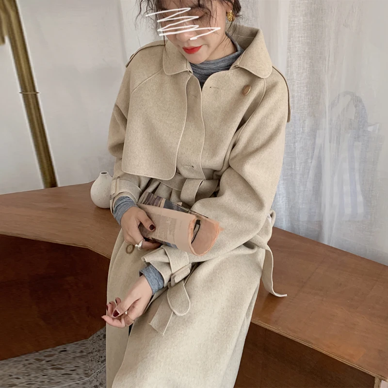 

Women's coat Korean chic autumn winter elegant retro Lapel double breasted lace up waist long double faced woolen overcoat