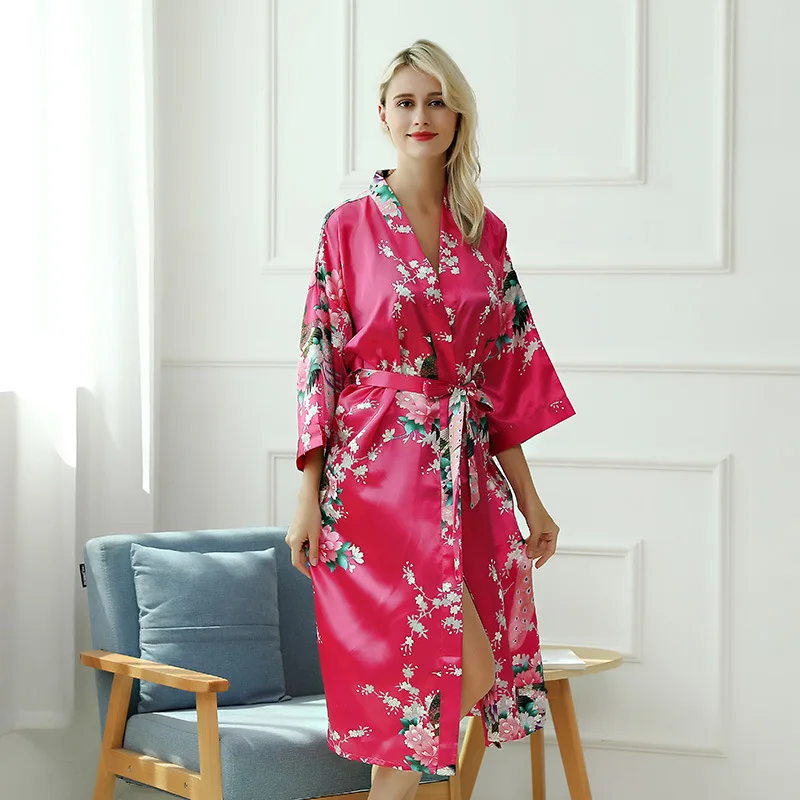 Print sleepwear robe women long sexy silk bathrobe female bride gown spring summer peacock home wear kimono night dress DR18336 (2)