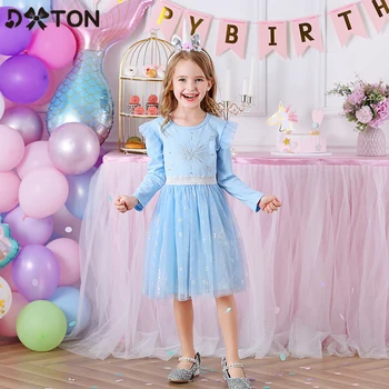 

DXTON 2020 Kids Dresses For Girls Winter Children Clothing Flying Sleeve Mesh Princess Dress Belt Casual Girls Dress Wear 3-8Y