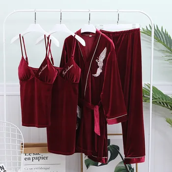 

Women Winter Warm Velvet 4PCS Pajamas Home Clothing Sleep Set Casual Sleepwear Long Sleeve Nightgown Bathrobe Soft Homewear