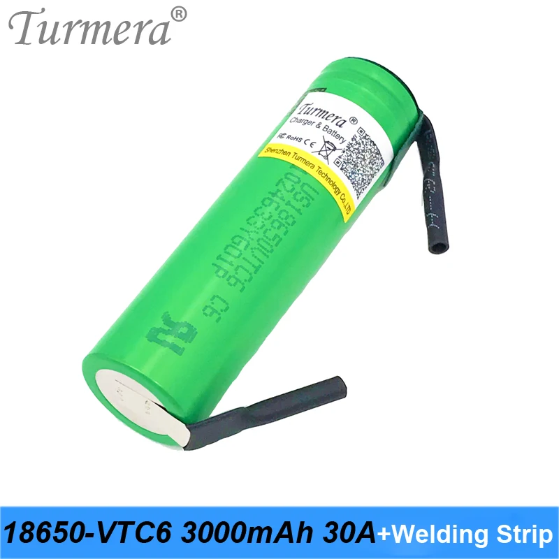 Turmera 18650 30a 3000mah батарея 18650 vtc6 с полоски для пайки для отвертки батарея 12V 16,8 V 18V 25V и батарея для электровелосипеда