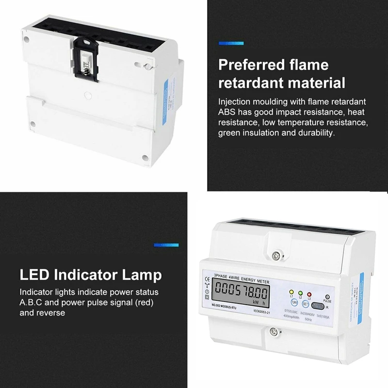 3 x 5(100)A DIN Rail 3 Phase 4 Wire LCD Digital Wattmeter Electronic Power Consumption Energy Meter 3 x 230/400(V