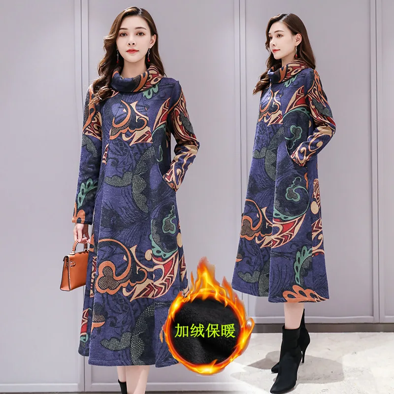 

2019 Autumn And Winter New Style Mid-length Woolen Literature And Art Retro National Wind Floral Elegant High Collar Base Dress