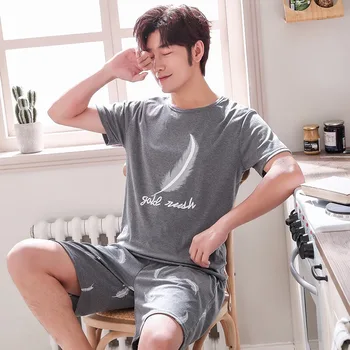 

2020 summer men's pajamas pure cotton plus fat plus size cotton home clothes short sleeve Pajama Set