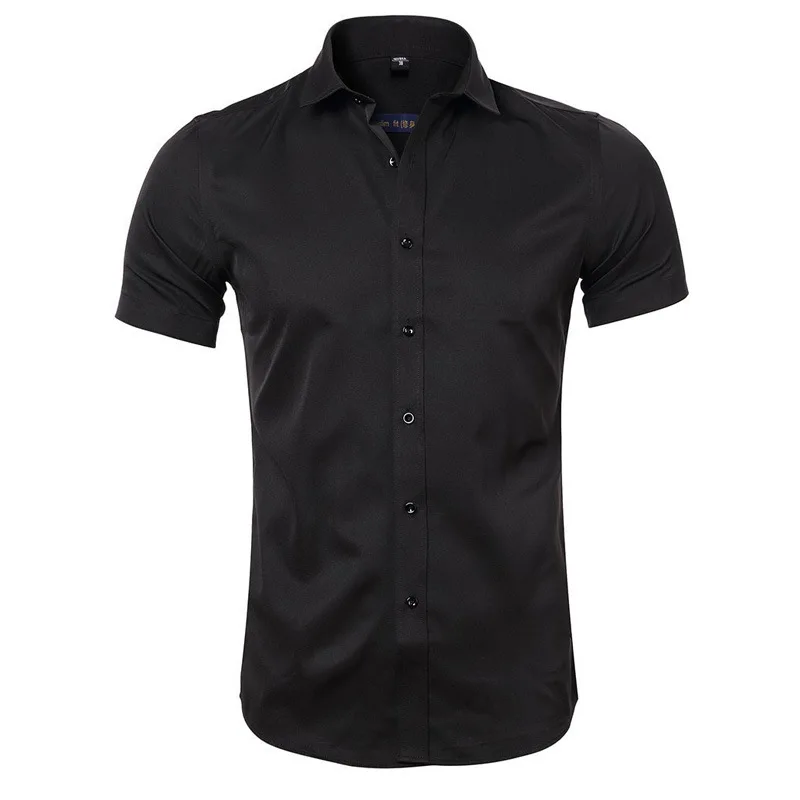 Gray Elastic Bamboo Fiber Shirt Men Brand Summer Short Sleeve Mens Dress Shirts Non Iron Easy Care Business Work Chemise Homme 4