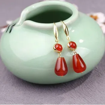 

Natural red agate water drop earrings bridal Earrings pure silver wrapped gold ear line anti allergy Chinese style