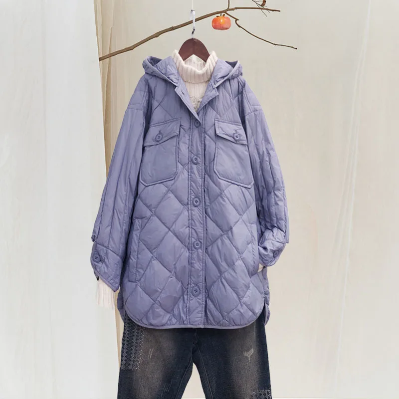 

Thin down Jacket Women's Mid-length 2019 New Style White Duck down Autumn And Winter Fashion Slimming Fold-down Collar Rhombus W