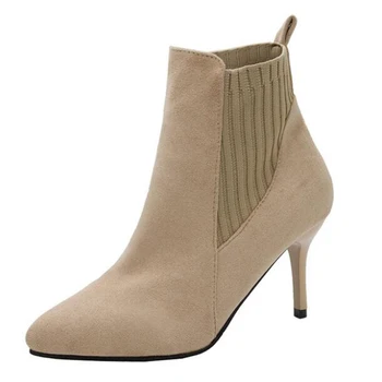

2020 Autumn and Winter New Fine heel with Pointed Suede Knit Stitching Ankle Boots High Heel Women's Boots zapatos de mujer