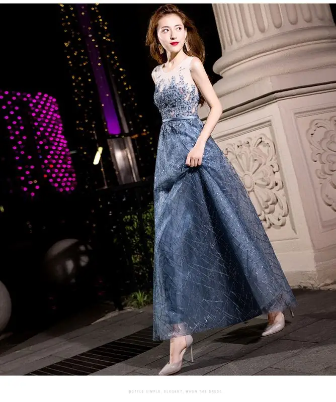 

Vintage Autumn Dark Blue Lace Sleeveless Halter Midi Belt Lace Women Girl Dress Formal Dress Party Dress