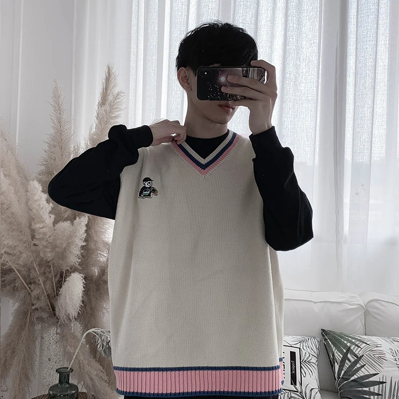 Новый маленький свежий мужской вязаный жилет с v-образным вырезом без рукавов для