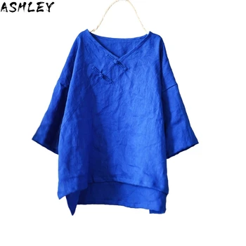 

Linen Women Cotton Shirts Solid Color Blouses V-Neck Half Sleeve 2020 Spring New Button Vintage Women Loose Shirts Top