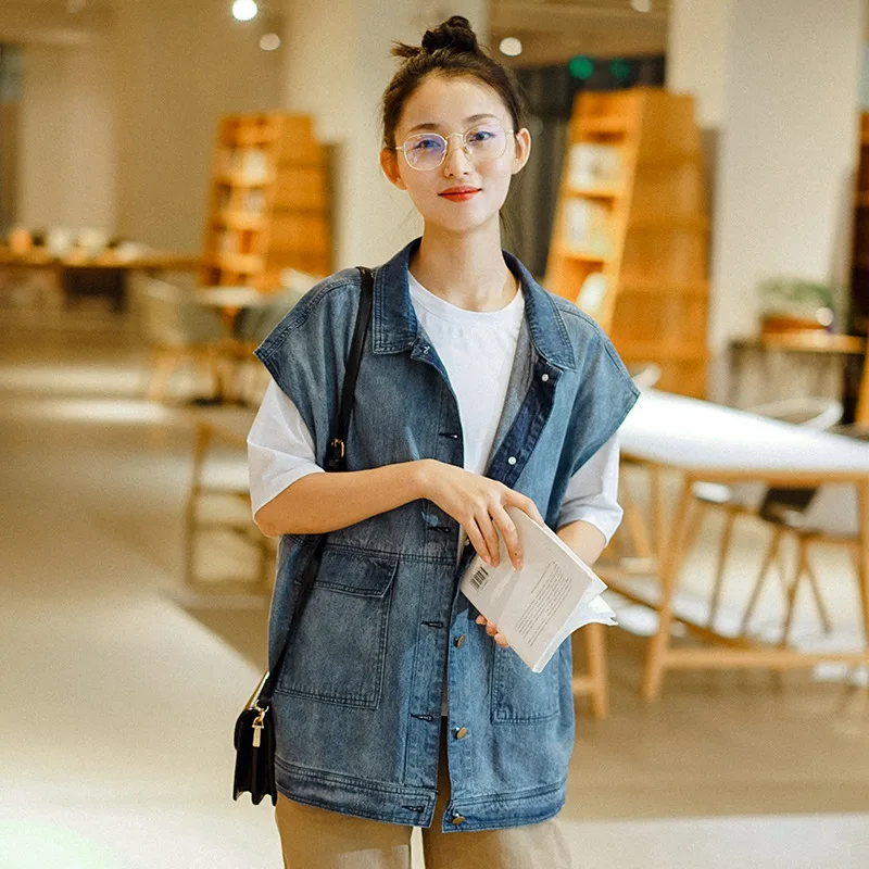 

Qi mei 2020 Spring New Style Denim Waistcoat Women's Korean-style Casual Vest Coat Fold-down Collar Work Vest Women's