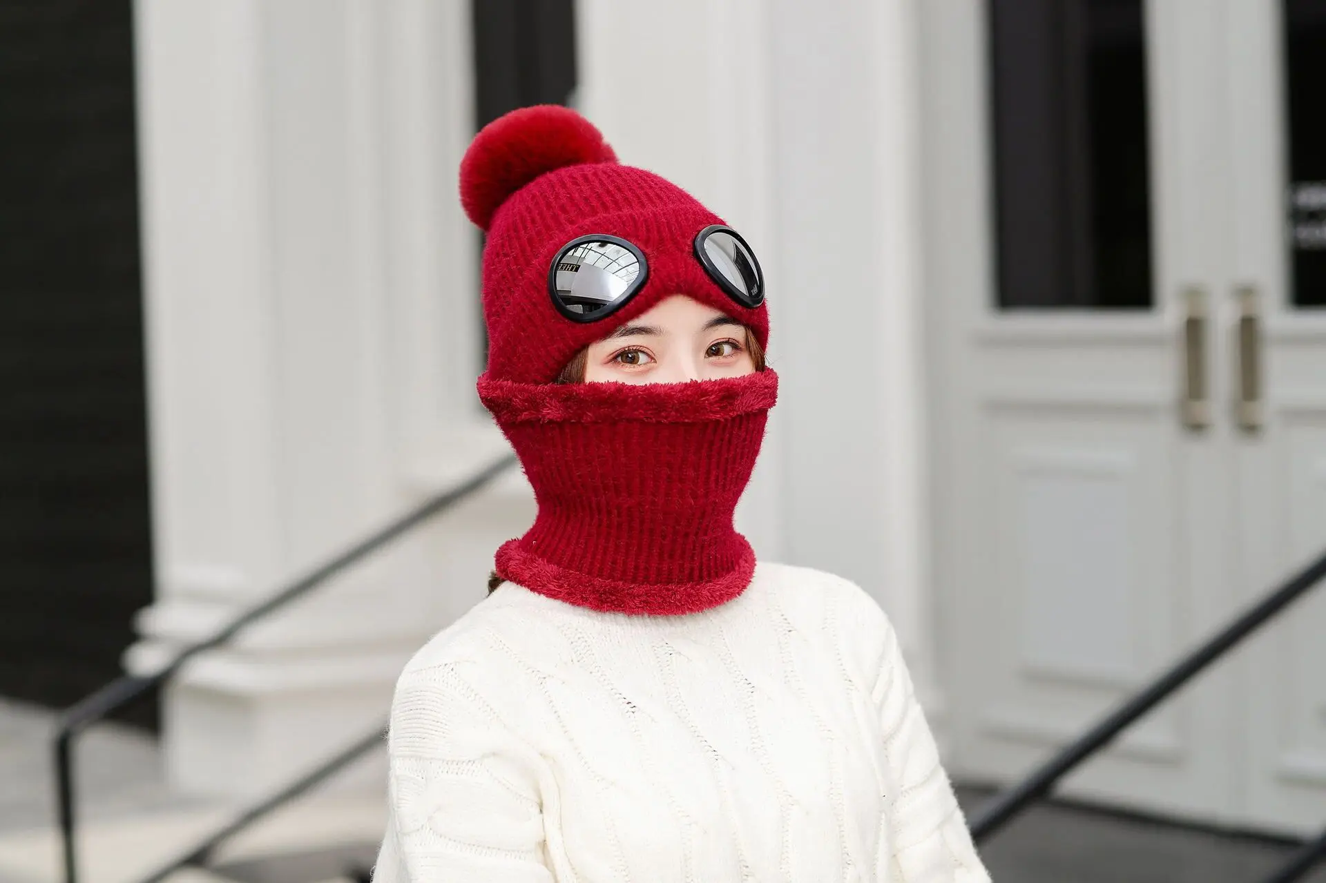 5 цветов вязаное, тёплое, зимнее шапочки Skullies Съемная Лыжная Шапочка с очками для мужчин и женщин Кепка для занятий спортом на открытом воздухе комплект из 2 предметов