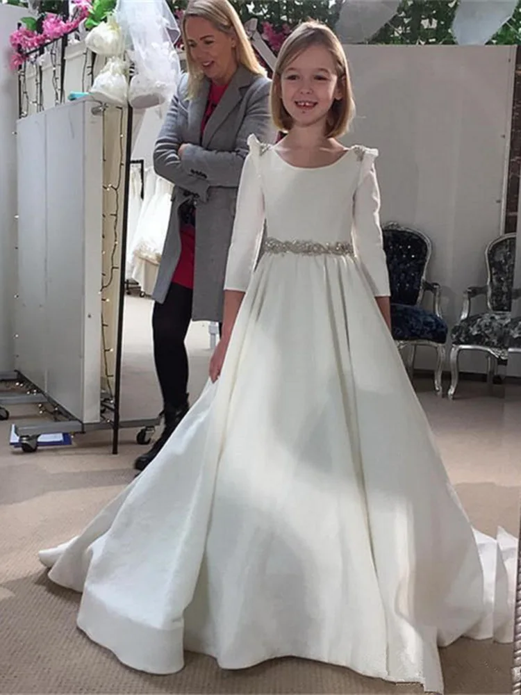 

White/ Ivory Satin Flower Girl Dress 3/4 Sleeveless Backless First Communion Birthday Party Dresses Pageant Dresses