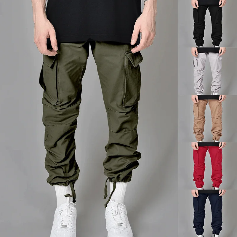 Men Solid Casual Pants Multi-Pocket Army Full Length Trousers Male Military Tactical Cargo Pants Elastic Waist Men’s Trousers
