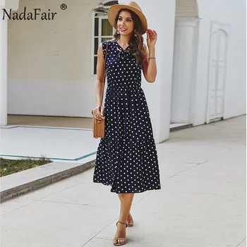 

Nadafair Boho Polka Dot Beach Midi Dress Women Sleeveless Lace Up A-Line Print Casual Elegant Long Summer Dresses