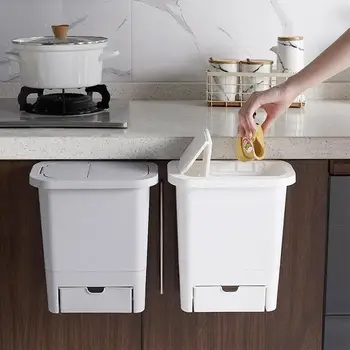 

Kitchen Cabinet Door Can Be Hung With Lid Mini Trash Can Wall-mounted Waste Baskets With Drawer Push-top Trash Bin