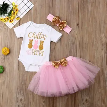 

Easter Day Baby Girl 0-24M Cotton Short sleeve Romper + Lace Dress + Headband 3PC Outfits