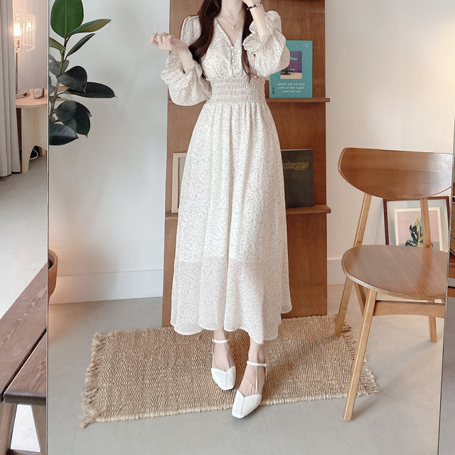 Autumn French Style Floral Print Vestido De Mujer V-neck Chiffon Robe Female Pleated Slim Waist Chiffon Dress Women