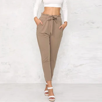 

Womens Solid High Waist Office Pants Casual Plus Size Bowknot Slim Fit Trousers