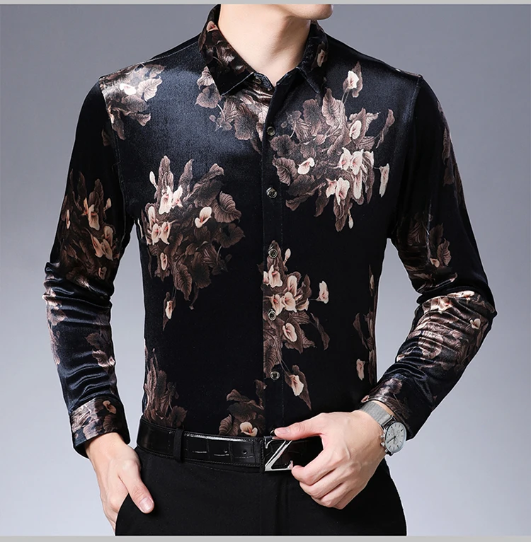 Золотая Бархатная Мужская рубашка с длинными рукавами среднего возраста шелковая рубашка с цветочным принтом Мужская Толстая китайская ветровая рубашка большого размера с принтом