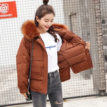 

Oversize Hooded Fur Collar Winter Jacket For Women Fashion Sweet Warm Short Coat female zipper Pockets Thicken outerwear YT50195