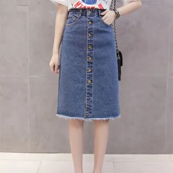

2020 Button Front Midi Denim Skirt for Women Casual High Waist Fray Hem with Pocket Knee Length Jeans Skirt Female
