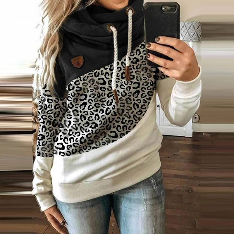 Women Patchwork Hooded Sweatshirt Autumn Winter Leopard Print Harajuku Drawstring Hoodie Casual Long Sleeve Pullover Tops Female