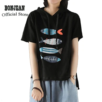

Women Cotton T Shirt Hooded Tops Tees Sweet Cute Casual Fashion for Summer Big Loose Fish Print AZ39231931